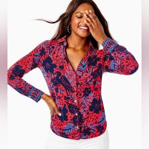 Lilly Pulitzer UPF 50+ ChillyLilly Marlena Button Down Top Ruby Red Heron